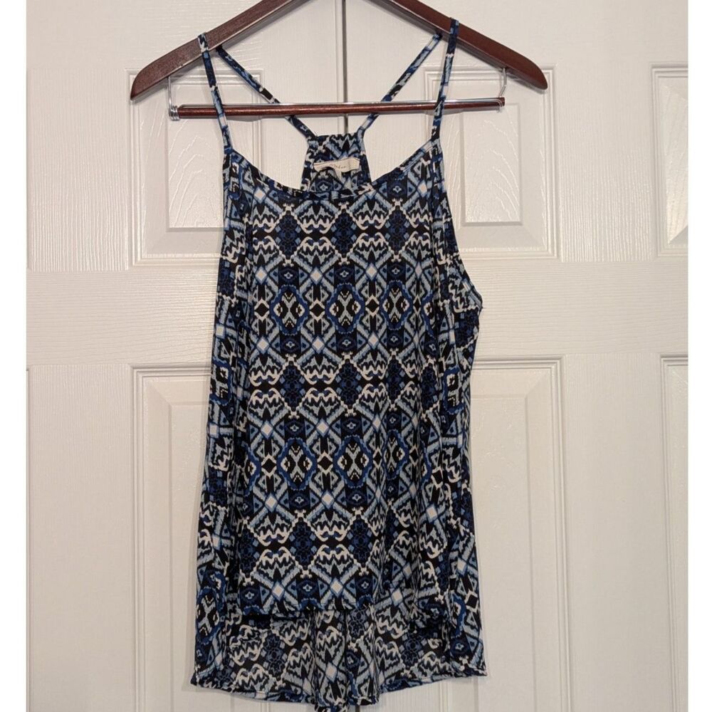 Blue Geometric Ikat Mosaic Racerback Cami Tank Top High Neck Flowy Size M
